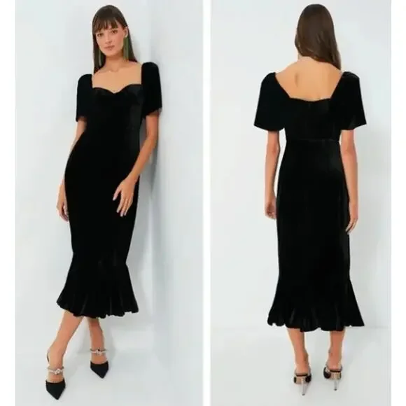 RHODE Sweetheart Velvet Ramona Slim Midi Dress in Jet Black Size 4 New with Tags